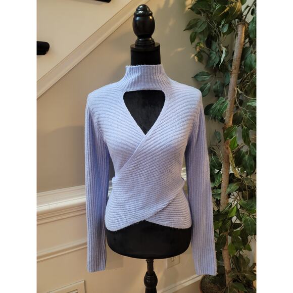 Pink Rose Sweater Women's Large Purple Cutout Mock Neck Long Sleeve Ribbed Knit - Picture 1 of 10
